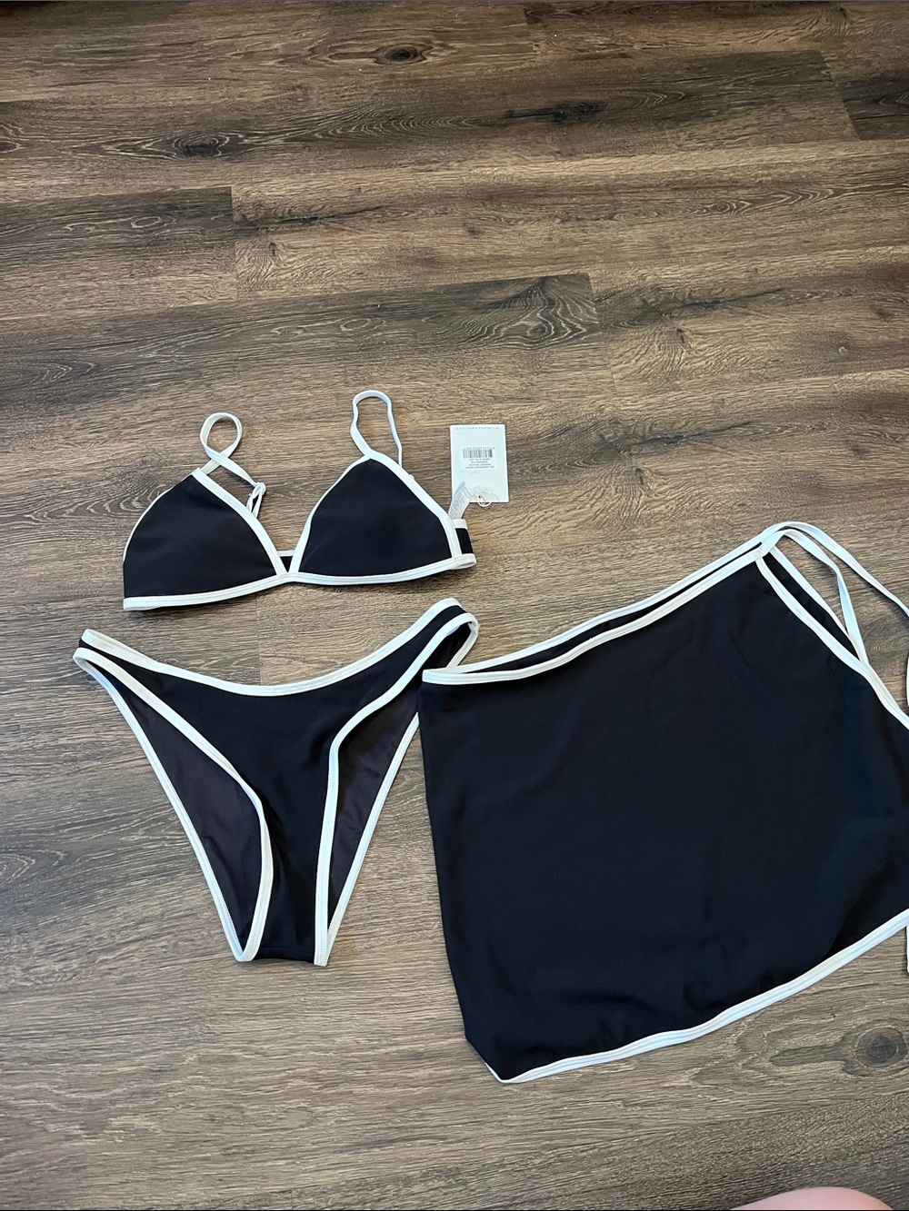 Black Triangle Bikini Set with White Trim and Swim Skirt - Women Swim
